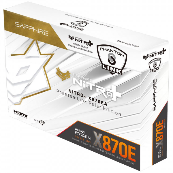 Материнская плата Sapphire NITRO+ X870EA PHANTOMLINK POLAREDITION X870E, AM5, 4*DDR5, 3*PCIEx16, 4*M.2, 1*TypeC, 4*USB3.2Gen2, 5*USB3.2Gen1, 4*USB2.0, 4*SATA3.0, 1*5G, 2*Type-C(DP), HDMI, ATX, RTL