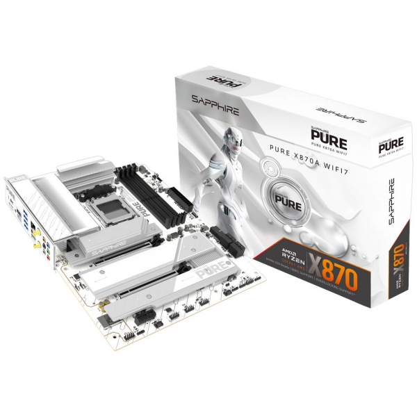 Материнская плата Sapphire PURE X870A X870, AM5, 4*DDR5, 2*PCIEx16, 1*PCIEx1, 3M.2, 1*TypeC, 2*USB3.2Gen2, 5*USB3.2Gen1, 4*USB2.0, 4*SATA3.0, 1*5G, DP, HDMI, 1*Type-C(DP), ATX, RTL