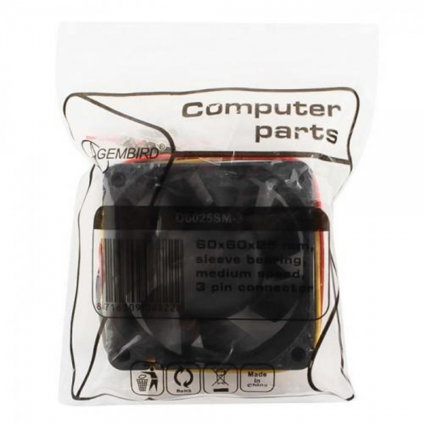 Вентилятор в корпус Gembird D6025SM-3 60x60x25, втулка, 3 pin, провод 25 см , OEM {100}