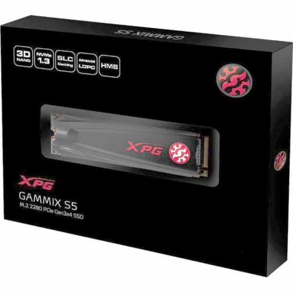 Твердотельный накопитель SSD ADATA XPG GAMMIX S5 256GB M.2 2280 AGAMMIXS5-256GT-C Client PCIe Gen3x4 with NVMe, 2100/1200, IOPS 190/180K, MTBF 2M, 3D TLC, 150TBW, NVMe 1.3, Heat Sink, RTL (469250)