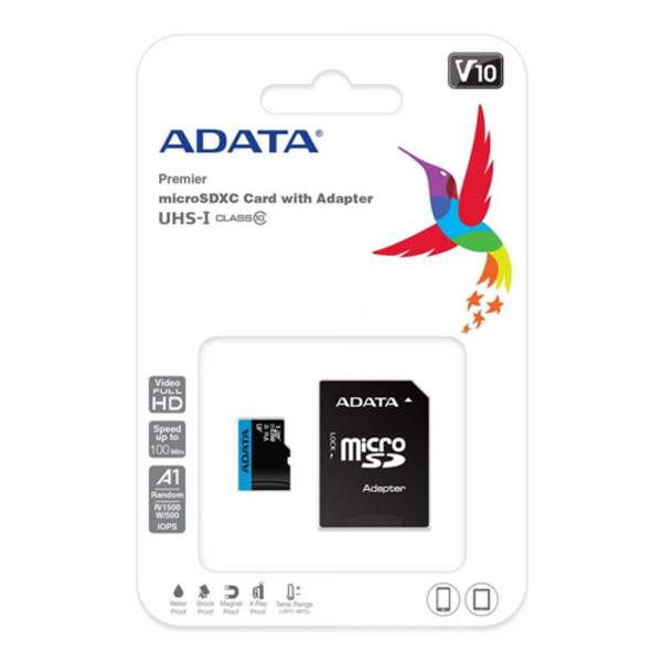 Карта памяти ADATA microSDXC 128GB ADATA Premier Memory Card AUSDX128GUICL10A1-RA1 UHS-I Class 10/V10 A1, 100/25 MB/s, AUSDX128GUICL10A1-RA1 Adapter, -25°C + 85°C, RTL (461940)