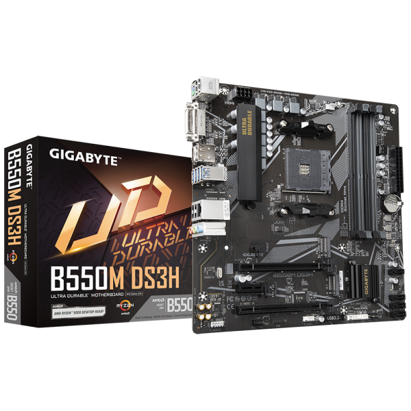 Материнская плата Gigabyte B550M DS3H, Socket AM4, AMD B550, 4xDDR4-3200, DVI-D+HDMI, 2xPCI-Ex16, 1xPCI-Ex1, 4xSATA3(RAID 0/1/10), 2xM.2, 8 Ch Audio, GLan, (4+2)xUSB2.0, (4+2)xUSB3.2, 1xPS/2, mATX, RTL {10} (809416)