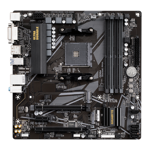 Материнская плата Gigabyte B550M DS3H, Socket AM4, AMD B550, 4xDDR4-3200, DVI-D+HDMI, 2xPCI-Ex16, 1xPCI-Ex1, 4xSATA3(RAID 0/1/10), 2xM.2, 8 Ch Audio, GLan, (4+2)xUSB2.0, (4+2)xUSB3.2, 1xPS/2, mATX, RTL {10} (809416)