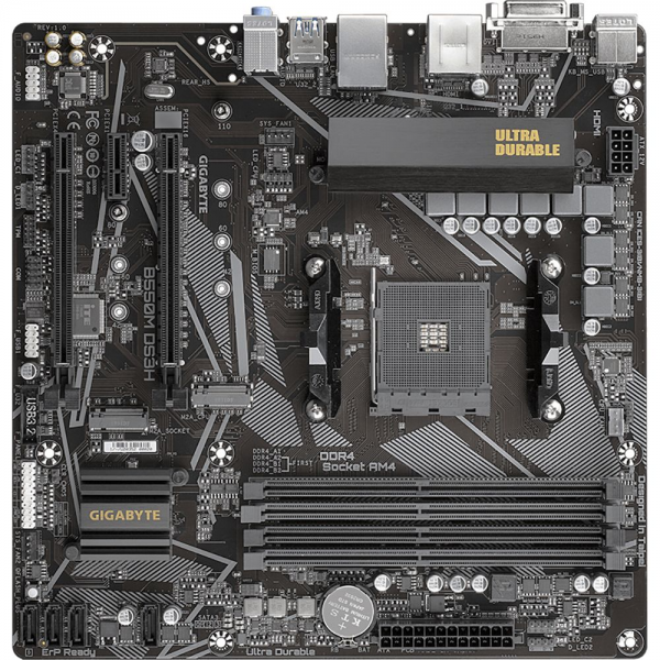 Материнская плата Gigabyte B550M DS3H, Socket AM4, AMD B550, 4xDDR4-3200, DVI-D+HDMI, 2xPCI-Ex16, 1xPCI-Ex1, 4xSATA3(RAID 0/1/10), 2xM.2, 8 Ch Audio, GLan, (4+2)xUSB2.0, (4+2)xUSB3.2, 1xPS/2, mATX, RTL {10} (809416)