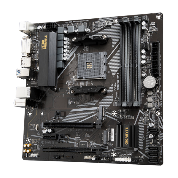 Материнская плата Gigabyte B550M DS3H, Socket AM4, AMD B550, 4xDDR4-3200, DVI-D+HDMI, 2xPCI-Ex16, 1xPCI-Ex1, 4xSATA3(RAID 0/1/10), 2xM.2, 8 Ch Audio, GLan, (4+2)xUSB2.0, (4+2)xUSB3.2, 1xPS/2, mATX, RTL {10} (809416)