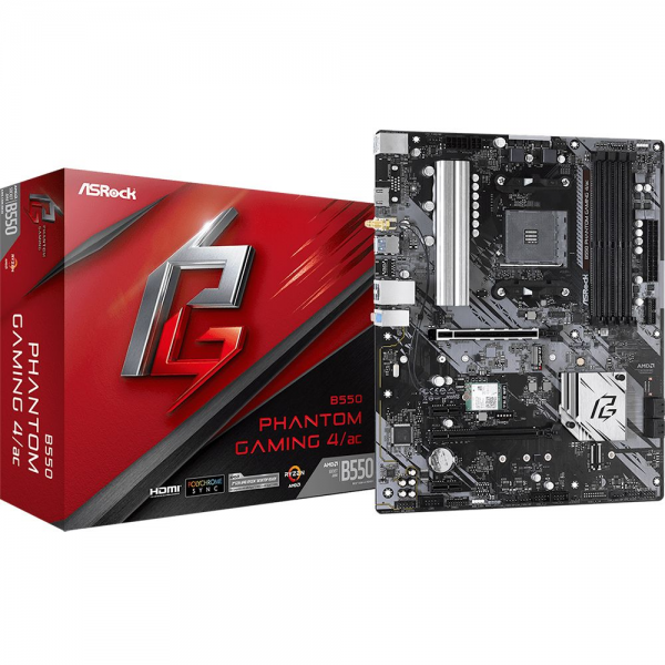 Материнская плата ASRock B550 PHANTOM GAMING 4/AC, Socket AM4, AMD B550, 4xDDR4-3200, HDMI, 2xPCI-Ex16, 2xPCI-Ex1, 6xSATA3(RAID 0/1/10), 2xM.2, 8 Ch Audio, 1xGLan, WiFi, (0+4)xUSB2.0, (6+2)xUSB3.2, 1xPS/2, ATX, RTL, {10} (931512)