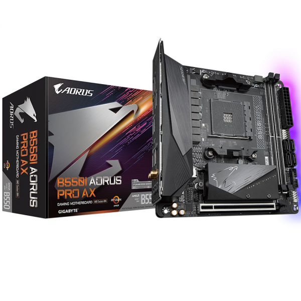Материнская плата Gigabyte B550I AORUS PRO AX, Socket AM4, AMD B550, 2xDDR4-3200, HDMI+HDMI+DP, 1xPCI-Ex16, 4xSATA3(RAID 0,1,10), 2xM.2, 8 Ch Audio, 1x2,5GLan, WiFi, (0+2)xUSB2.0, (5+2)xUSB3.2, (1+0)xUSB 3.2 Type-C™, Mini-ITX, RTL {10} (809508)
