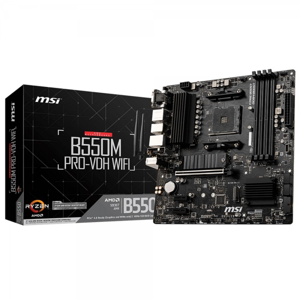 Материнская плата MSI B550M PRO-VDH WIFI B550, AM4, 4*DDR4, 1*PCIEx16, 2*PCIEx1, 2*M.2, 1*TypeC, 6*USB3.2Gen1, 6*USB2.0, 4*SATA3.0, 1G, VGA, DP, HDMI, M-ATX, RTL