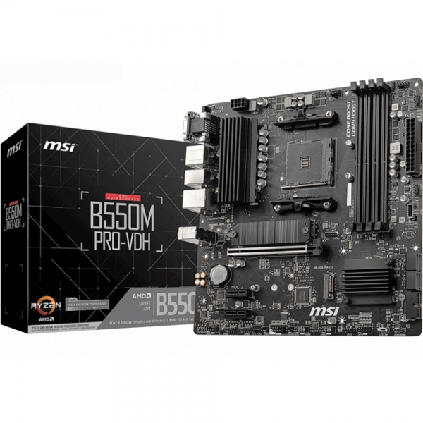 Материнская плата MSI B550M PRO-VDH B550, AM4, 4*DDR4, 1*PCIEx16, 2*PCIEx1, 2*M.2, 1*TypeC, , 6*USB3.2Gen1, 6*USB2.0, 4*SATA3.0, 1G, VGA, DP, HDMI, M-ATX, RTL
