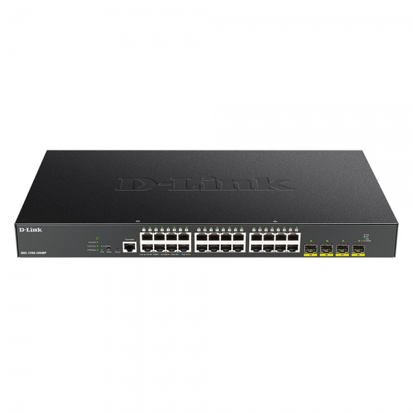 Коммутатор D-Link DGS-1250-28XMP/A1A L2 Smart Switch with 24 10/100/1000Base-T ports and 4 10GBase-X SFP+ ports (24 PoE ports 802.3af/802.3at (30 W), PoE Budget 370W), {5} (443008)