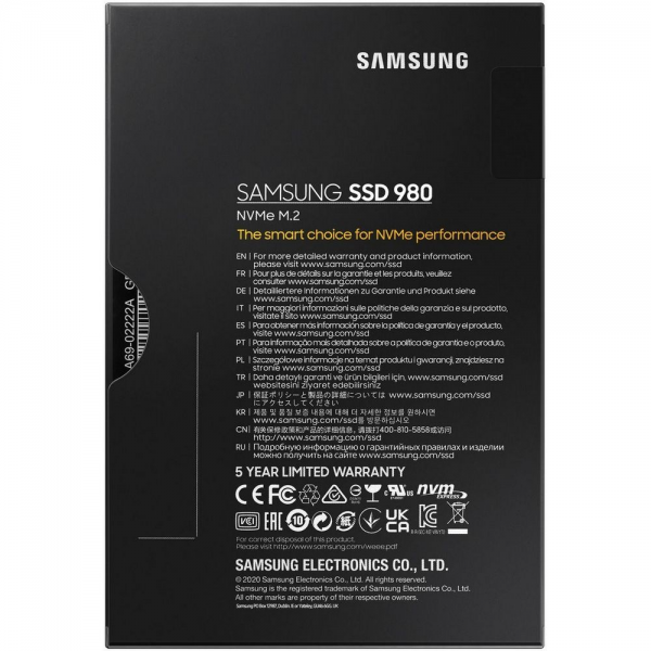 Твердотельный накопитель SSD Samsung 980 M.2 2280 Твердотельный накопитель SSD Samsung 980 M.2 2280 MZ-V8V500BW 500GB Client SSD PCIe Gen3x4 with NVMe, 3100/2600, IOPS 400/470K, MTBF 1.5M, 3D NAND TLC, 300TBW, 0,33DWPD, RTL