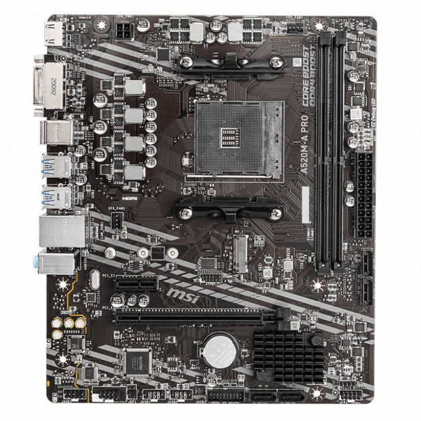 Материнская плата MSI A520M-A PRO A520, AM4, 2*DDR4, 1*PCIEx16, 1*PCIEx1, 1*M.2, 6*USB3.2Gen1, 6*USB2.0, 4*SATA3.0, 1G, DVI, HDMI, M-ATX, RTL