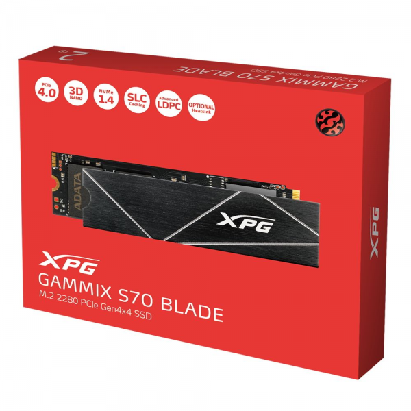 Твердотельный накопитель SSD ADATA XPG GAMMIX S70 BLADE 2TB M.2 2280 AGAMMIXS70B-2T-CS Client PCIe Gen4x4 with NVMe, 7400/6400, IOPS 650/740K, MTBF 2M, 3D TLC, 1480TBW, 0,41DWPD, Heatsink, RTL (933072)