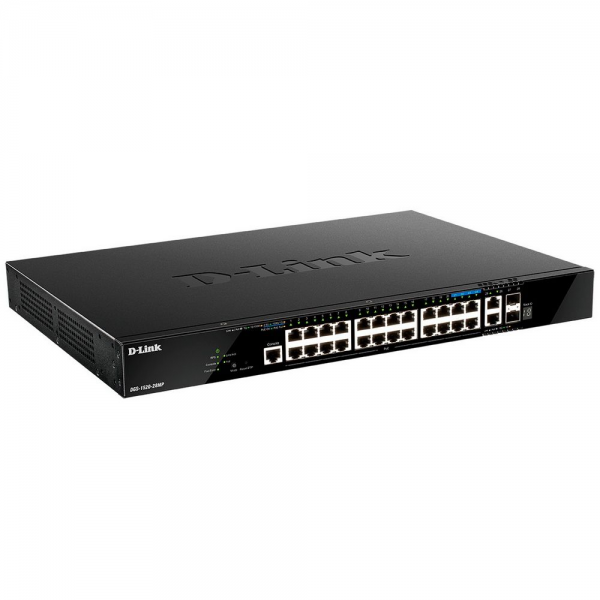 Коммутатор D-Link DGS-1520-28MP/A1A Управляемый L3 стекируемый коммутатор с 20 портами 10/100/1000Base-T, 4 портами 100/1000/2.5GBase-T, 2 портами 10GBase-T и 2 портами 10GBase-X SFP+ (24 порта PoE 802.3af/at, PoE-бюджет 370 Вт