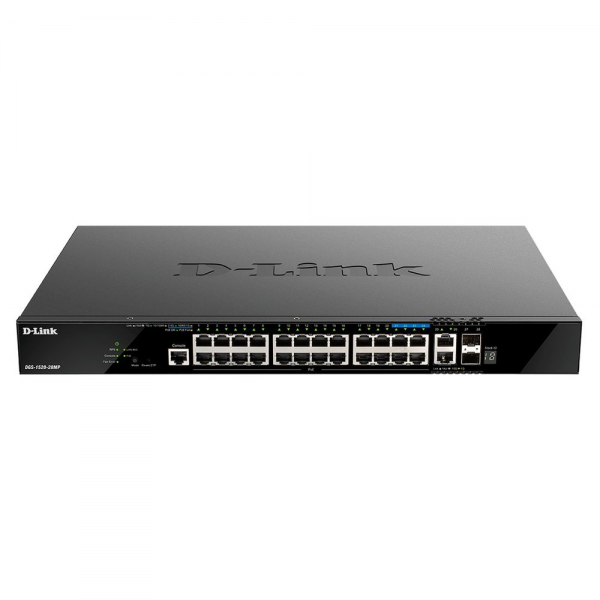 Коммутатор D-Link DGS-1520-28MP/A1A Управляемый L3 стекируемый коммутатор с 20 портами 10/100/1000Base-T, 4 портами 100/1000/2.5GBase-T, 2 портами 10GBase-T и 2 портами 10GBase-X SFP+ (24 порта PoE 802.3af/at, PoE-бюджет 370 Вт