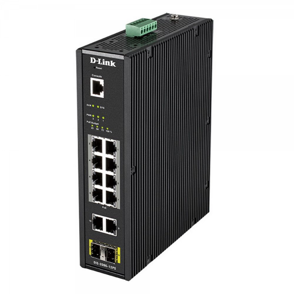 Коммутатор D-Link DIS-200G-12PS/A2A Промышленный управляемый L2 коммутатор с 10 портами 10/100/1000Base-T и 2 портами 1000Base-X SFP (8 портов PoE 802.3af/at, PoE-бюджет до 240 Вт) (464560)