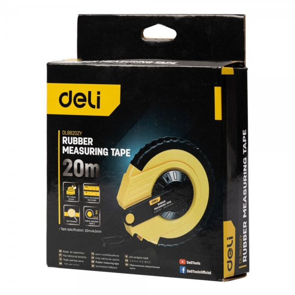 Мерная лента Deli DL9820ZY 20м x 14.5мм, ударопрочный корпус, полотно из стекловолокна и ПВХ