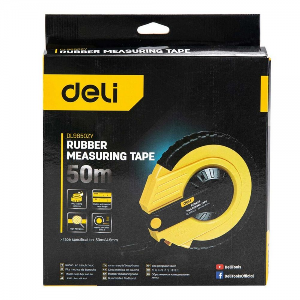Мерная лента Deli DL9850ZY 50м x 14.5мм, ударопрочный корпус, полотно из стекловолокна и ПВХ