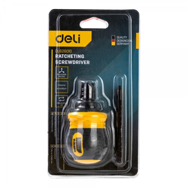 Двухсторонняя отвертка с трещеткой Deli DL626010 PH2+SL6x85мм, сталь CrV, длина: 95-140 мм, диаметр хвостовика 6,3мм.