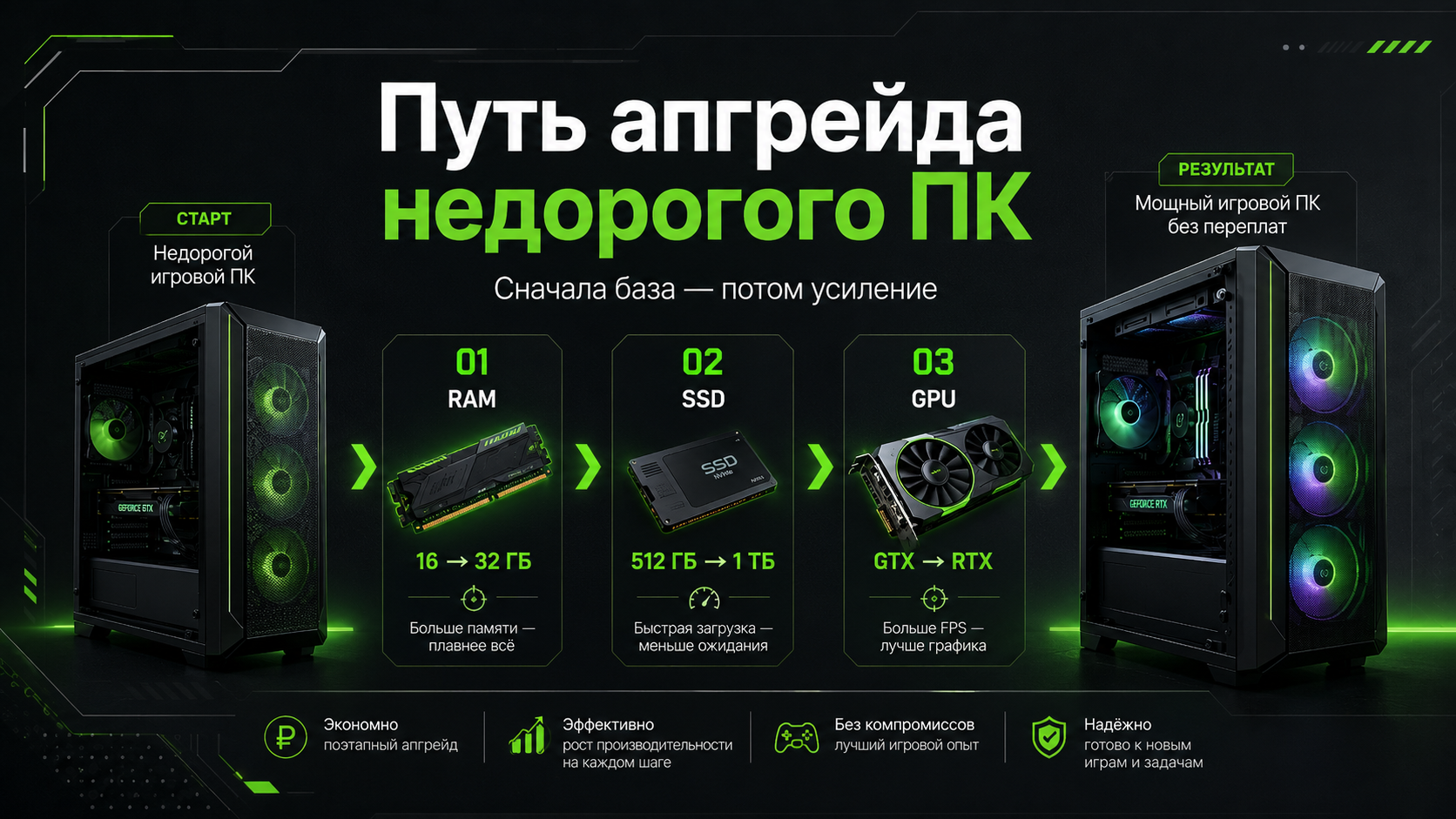 Путь апгрейда недорогого игрового компьютера RAM SSD видеокарта