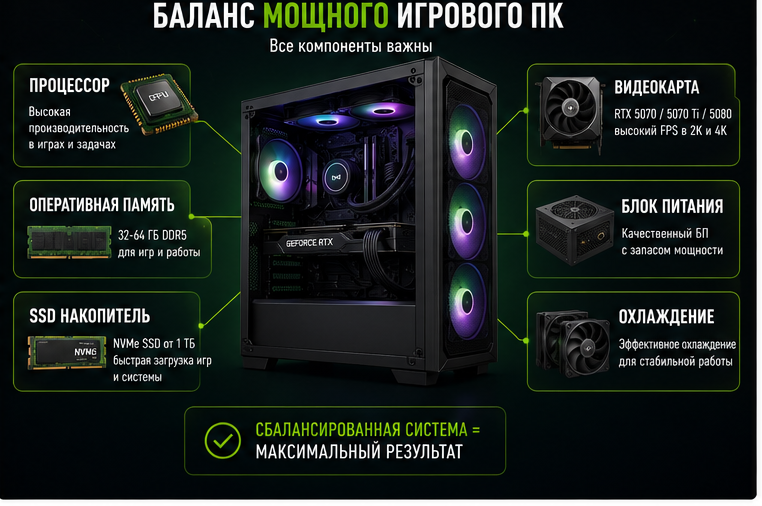 Баланс компонентов мощного игрового компьютера процессор видеокарта RAM SSD блок питания охлаждение